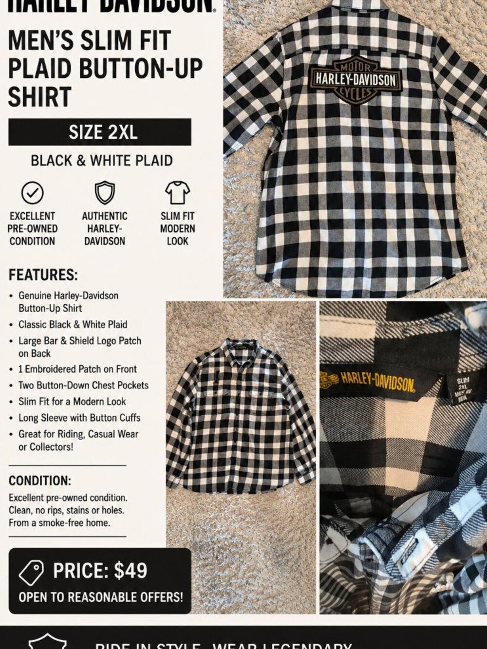Harley-Davidson Men's Plaid Button-Up Shirt – Size 2XL (SLIM FIT)